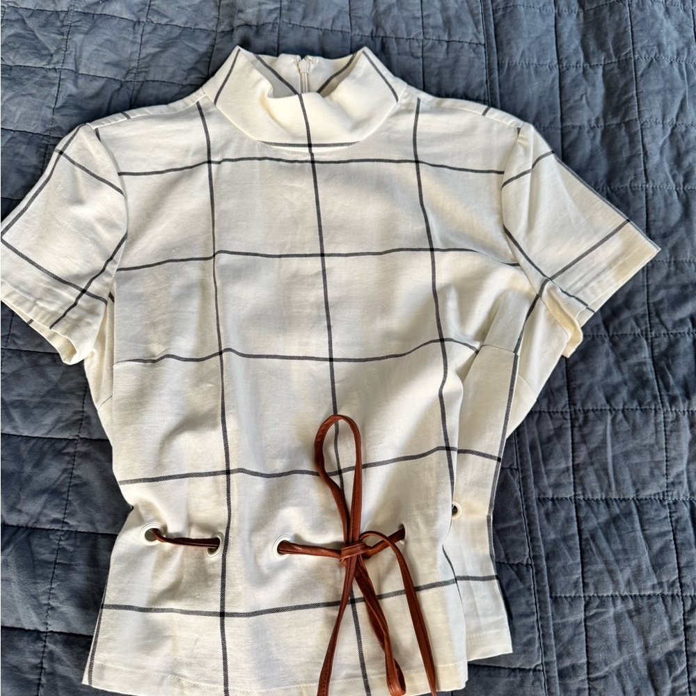 STAUD Cream and Black Grid Women's Blouse